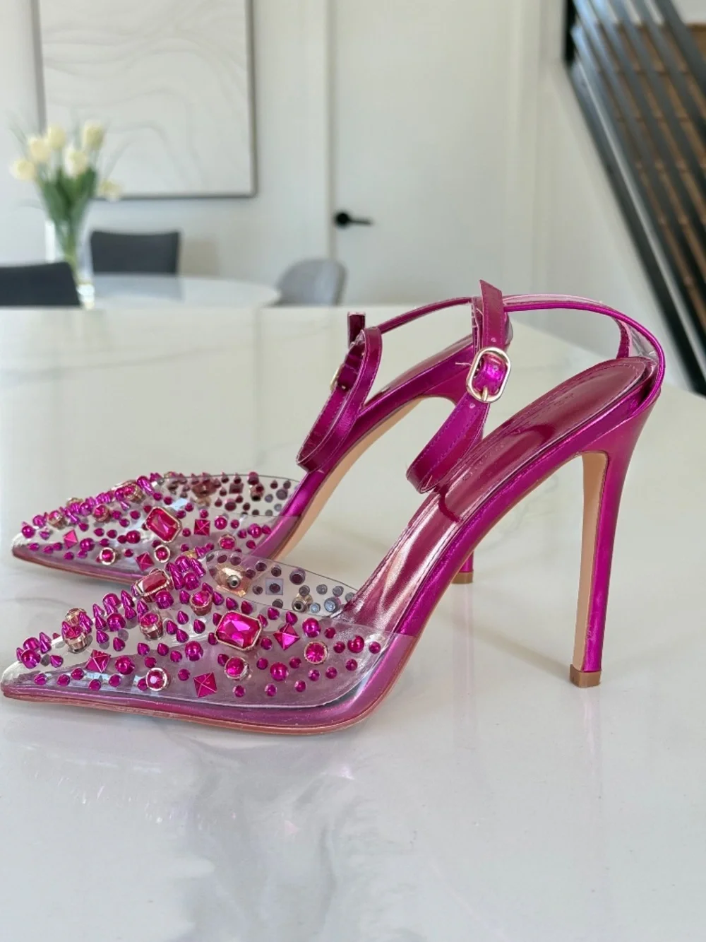 Azalea Wang Arthelia Pink Crystal Embellished Clear Pumps - Picture 8 of 14